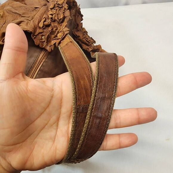 Women's Soft Brown Leather Hobo Floral Appliqué Shoulder Handbag - Picture 7 of 12